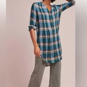 Anthropologie Akemi + Kin Lucie Blue Green Flannel Plaid Tunic Shirt, EUC, Small